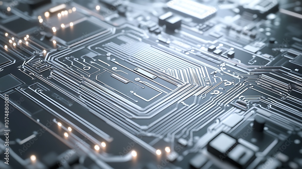 Aufkleber Close-up of a circuit board with intricate pathways and glowing components.