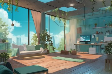 A Cozy Room with Large Windows Offering a View of the City Skyline