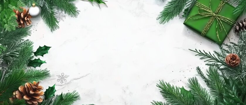  Rama decorativa con ramas de pino, pi&ntilde;as y un regalo verde, formando un marco sobre un fondo claro.
