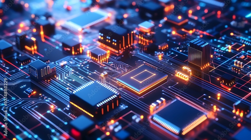 Poster Close-up of a glowing circuit board with microchips.