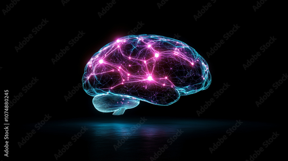 Poster a 3d brain with neon lights, symbolizing artificial intelligence and neural networks, on a plain dar