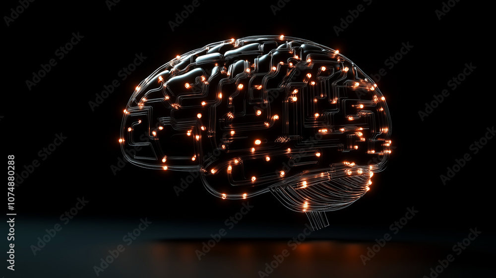 Poster a 3d brain with neon lights, symbolizing artificial intelligence and neural networks, on a plain dar