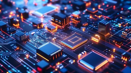 Fototapeta premium Close-up of a glowing circuit board with microchips.