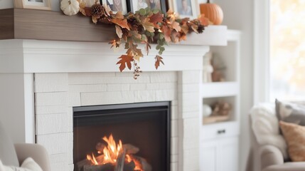 Naklejka premium Cozy autumn living room featuring a decorated fireplace with seasonal foliage and family photos on the mantel