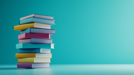 3D stack of books with colorful covers, representing learning and knowledge, on a soft blue background.