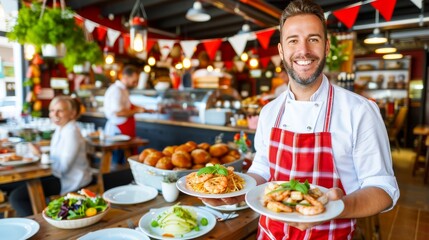  Chef sonriente sosteniendo dos platos de comida en un restaurante acogedor, rodeado de decoraci&oacute;n y un ambiente festivo.

