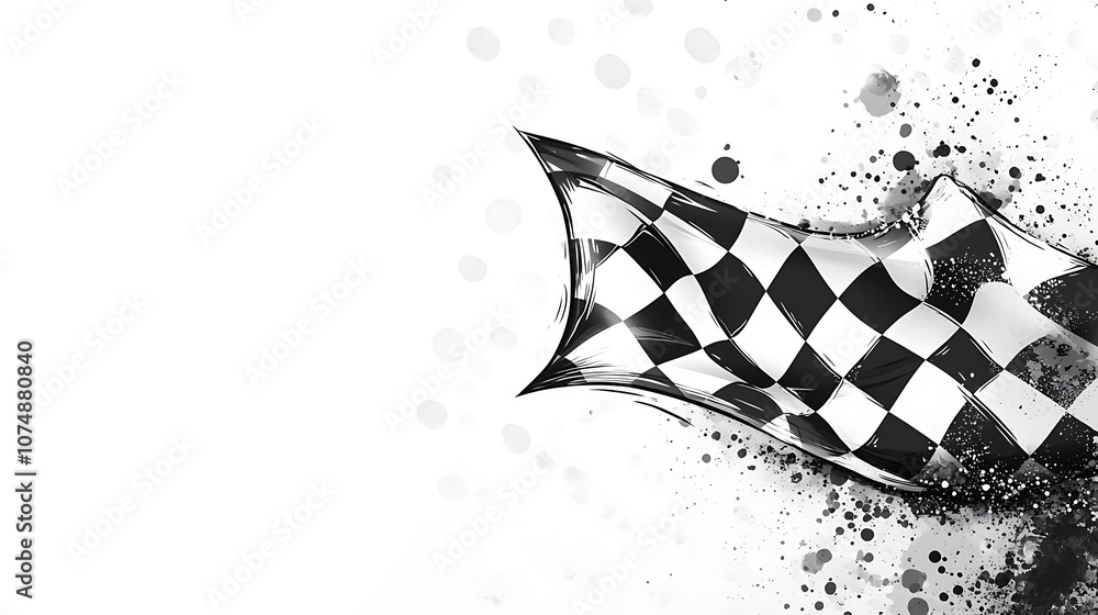 Poster checkered flag waving on white background with grunge splatter.