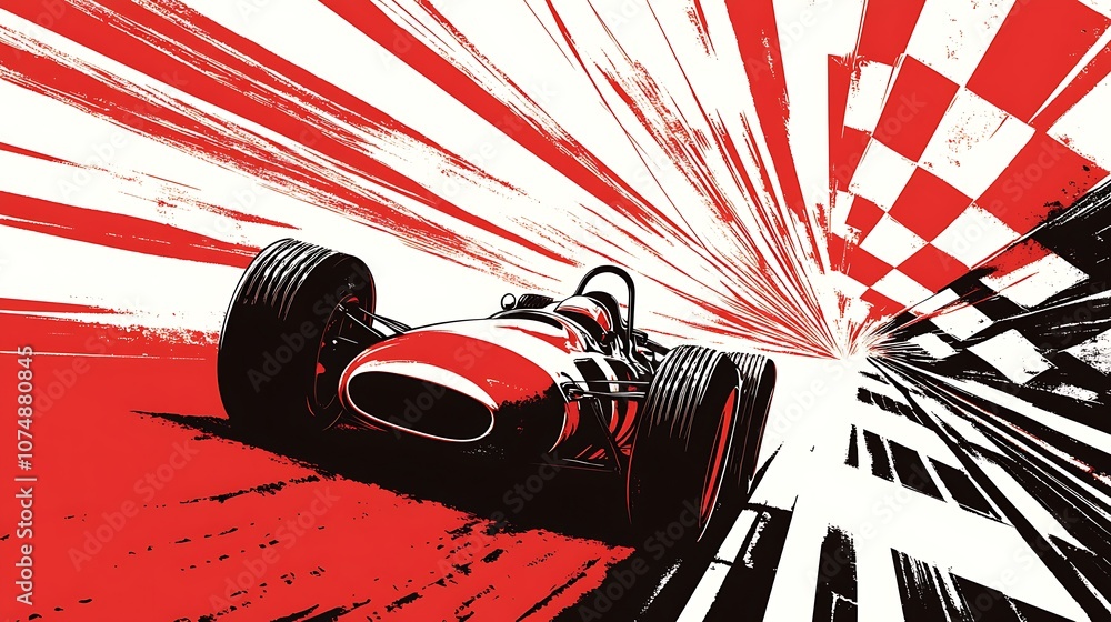 Aufkleber a classic race car speeding towards the finish line with a checkered flag background.