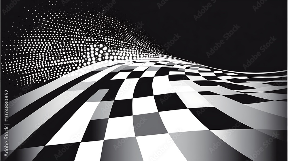Poster Abstract black and white checkered pattern with a wave design.