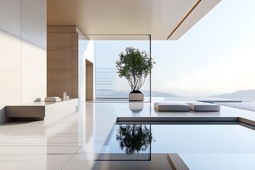 Fototapeta premium Modern Minimalist Architecture with Pool and Sky View