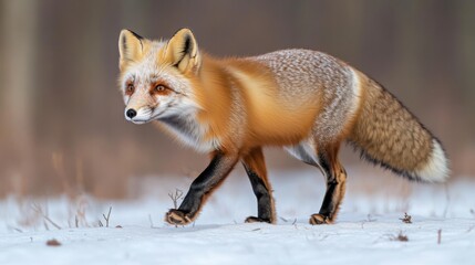 Fototapeta premium A graceful red fox walks through a snowy landscape, showcasing its vibrant fur and keen posture in a serene natural setting.
