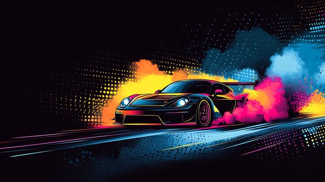Colorful sports car driving through a smoky tunnel.