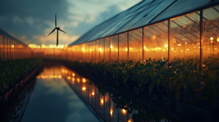 Fototapeta premium Serene Evening in a Greenhouse with LED Lights, Wind Turbine, and Reflective Water Under a Moody Sky Capturing Sustainable Agriculture and Technology