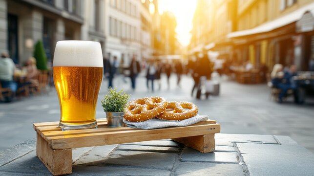  Cerveza espumosa en un vaso grande junto a pretzels en un soporte de madera, con gente y edificios al fondo al atardecer.

