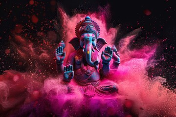 Fototapeta premium Ganesha Statue in Pink and Blue Holi Powder