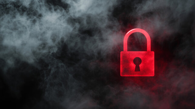 A digital padlock icon with a bright red glow, surrounded by dense smoke, creating an atmosphere of mystery and strength, symbolizing cybersecurity vigilance.