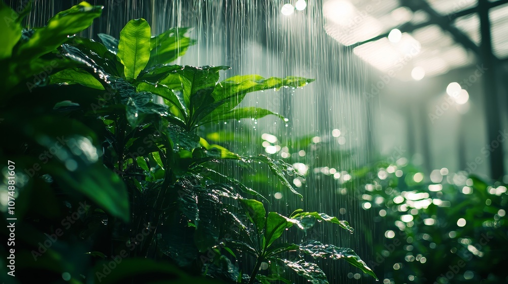 Poster lush greenery surrounded by gentle raindrops in a serene greenhouse setting with soft light filterin