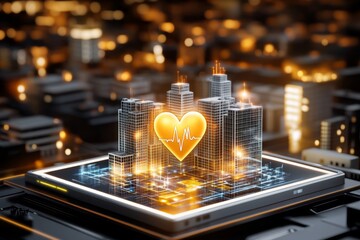 Representación de un corazón sobre un paisaje urbano digital, simbolizando la integración de la tecnología de la salud en las ciudades inteligentes.




