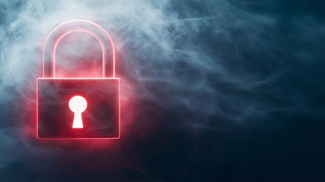 A luminous red padlock icon radiating light through a smoky mist, representing advanced online safety and digital fortification.