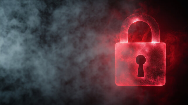 A luminous red padlock icon radiating light through a smoky mist, representing advanced online safety and digital fortification.