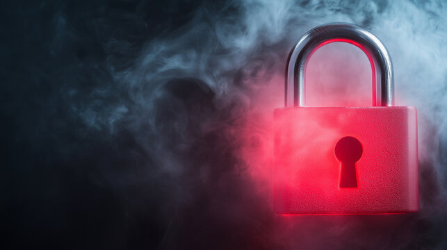A luminous red padlock icon radiating light through a smoky mist, representing advanced online safety and digital fortification.