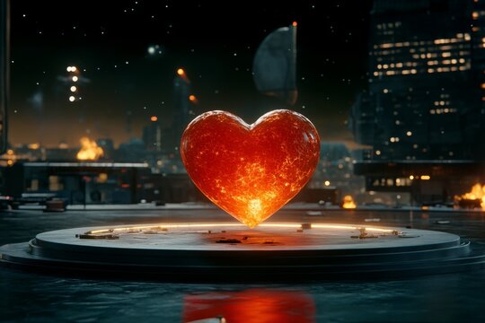  
Escultura de coraz&oacute;n iluminada en una plaza urbana de noche, rodeada de edificios modernos y un ambiente futurista.


