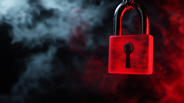 A glowing red padlock with bold light reflections and smoke effects, suspended in a dark atmosphere to convey impenetrable digital protection.