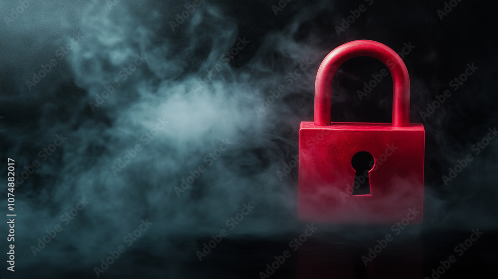 Poster a floating red padlock emitting a soft glow, with light smoke diffusing around it, representing cybe