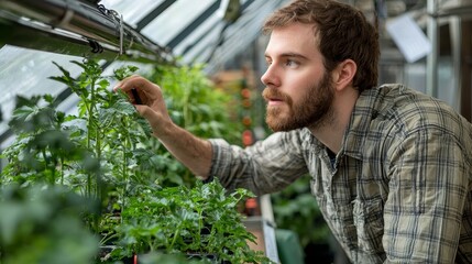 Young Man Tending to Green Plants in a Bright Greenhouse, Engaged in Horticultural Care and Cultivation of Fresh Vegetables in a Sustainable Environment