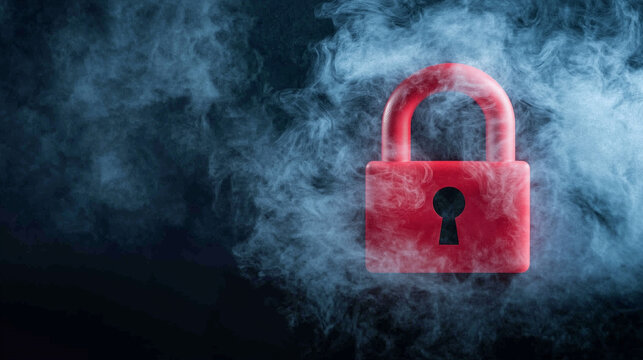 A digital red padlock icon, with a piercing glow and swirling smoke clouds surrounding it, set against a dim background to capture the essence of secure online data.