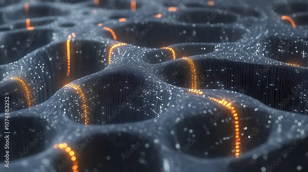 Poster Abstract digital network with glowing lines on a bumpy surface.
