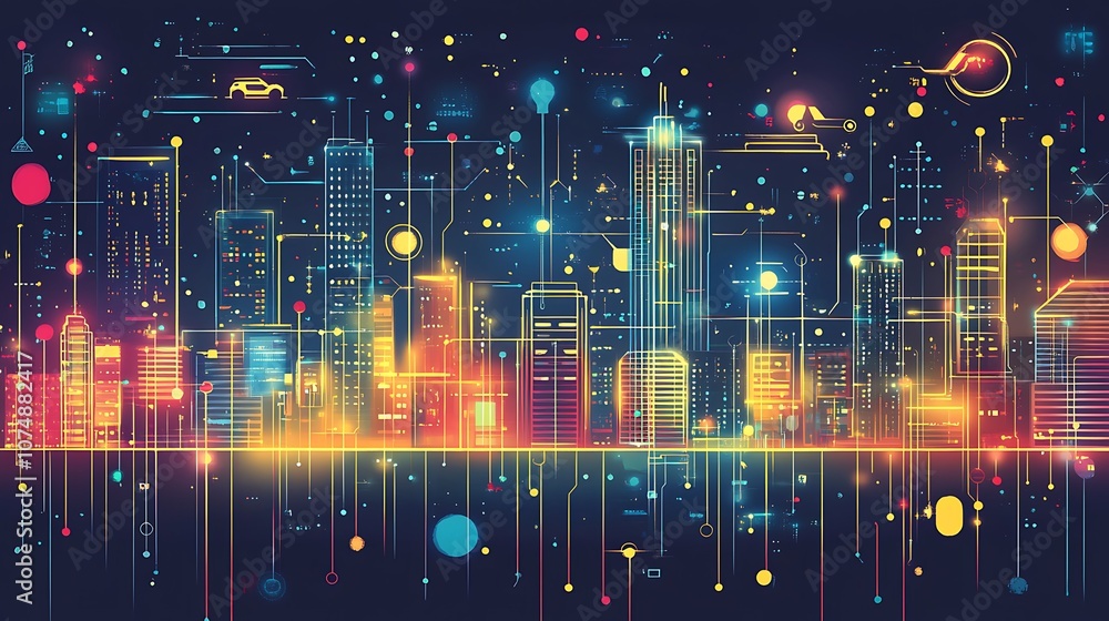 Poster futuristic cityscape with glowing neon lights and interconnected circuits.