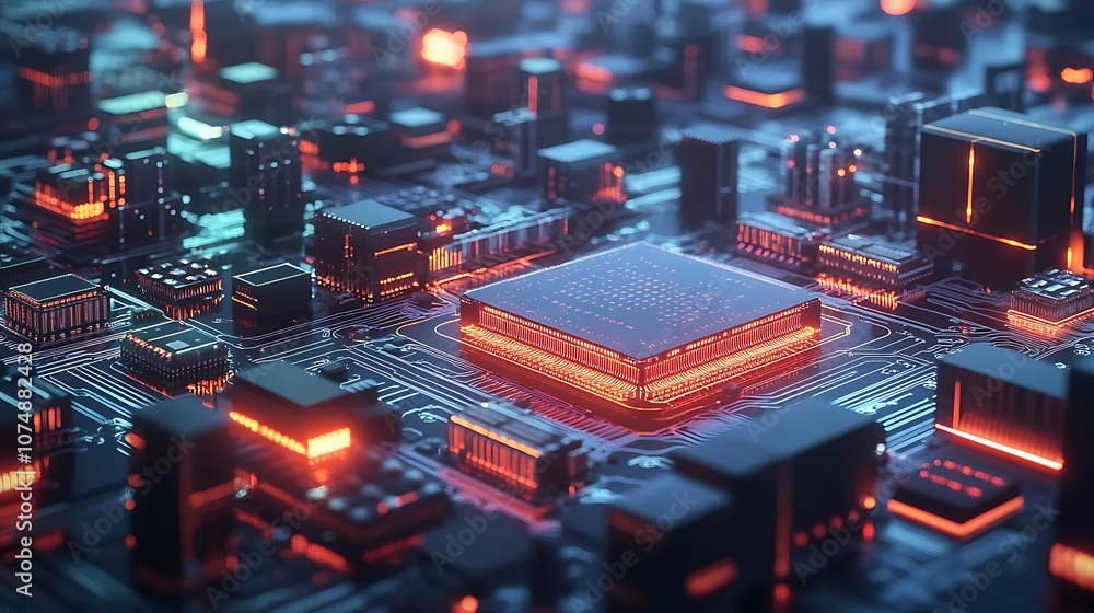 Poster Glowing CPU on a circuit board with a futuristic style.