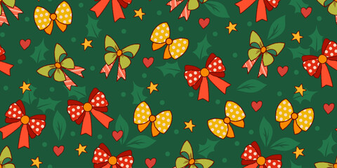 Holiday Seamless Pattern with Bows, Ribbons, Stars, and Leaves on Green Background. Christmas trendy holiday pattern perfect for wrapping paper, web, print, fashion, cards. 