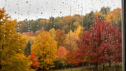 Fototapeta premium A scenic view of colorful autumn trees through a rain-speckled window. The vibrant reds, yellows, and greens create a serene, peaceful atmosphere enhanced by the rainy weather.
