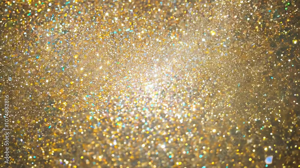 Poster close-up of sparkling golden particles with light reflections creating a dreamy, magical effect