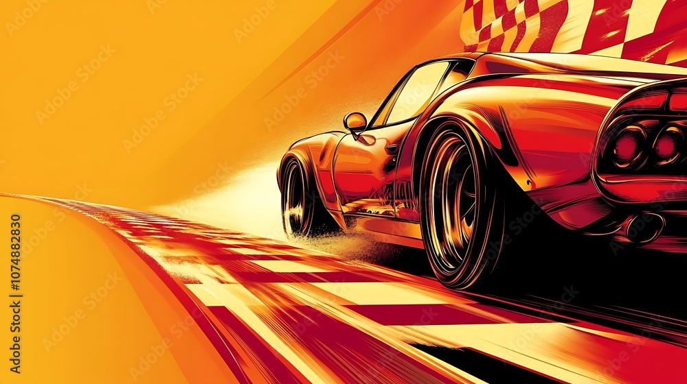 Poster red sports car speeding on a race track with checkered flag in the background.