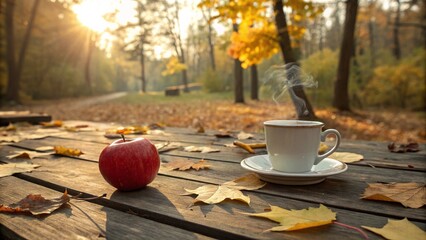 A steaming cup of coffee and a red apple on a wooden picnic table surrounded by autumn leaves in a forest. The soft sunlight creates a tranquil and nostalgic outdoor scene.