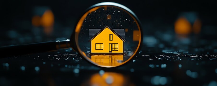 Magnifying glass focused on a yellow house icon against a black background, real estate theme, generative AI, sharp and sleek visual style