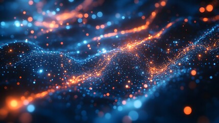 Obraz premium Digital&nbsp;visualization of network connections with illuminated human&nbsp;figures connected by light lines against&nbsp;soft blue background with bokeh effect.