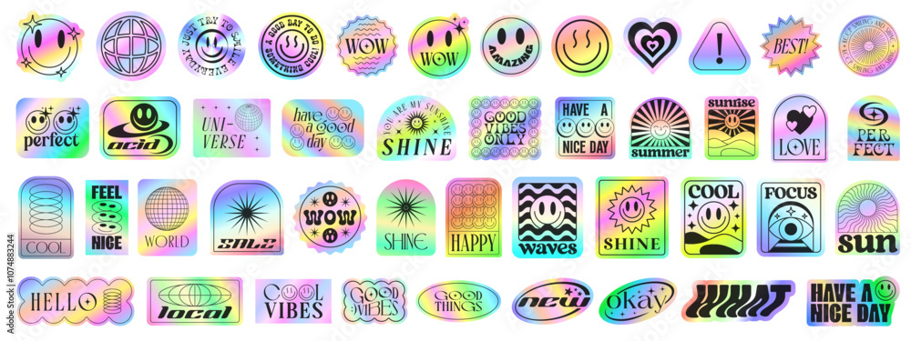 Poster set of y2k holographic colorful stickers set. cool collection of cute pop art patches.