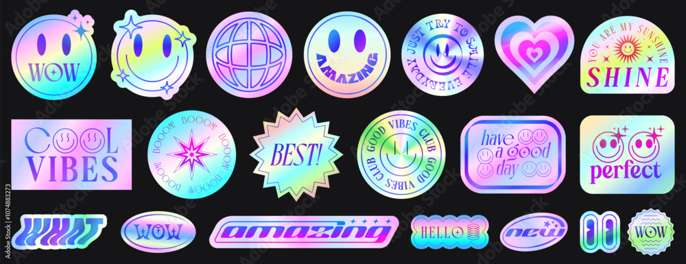 Aufkleber Cool Y2k Holographic Stickers Set. Collection of Vector Pop Art Patches Cyberpunk Style.