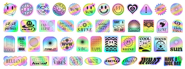 Set Of Y2k Holographic Colorful Stickers Set. Cool Collection Of Cute Pop Art Patches.
