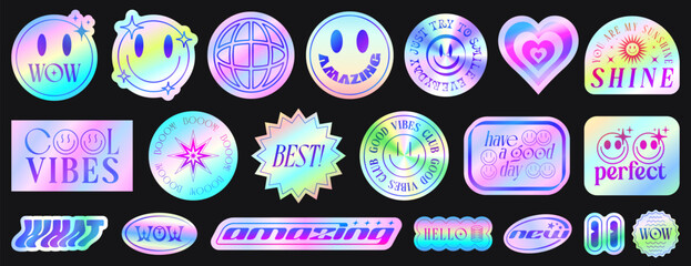 Cool Y2k Holographic Stickers Set. Collection of Vector Pop Art Patches Cyberpunk Style.