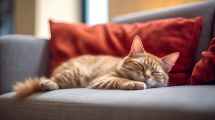Ginger Cat Napping on a Couch