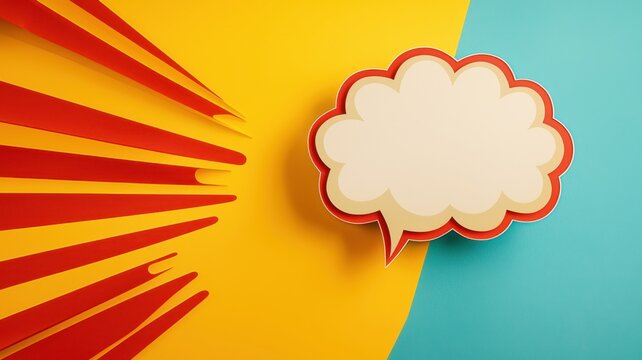 A colorful background with a blank speech bubble, ideal for adding text or messages, surrounded by vibrant rays and bold colors.