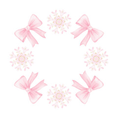 snowflake, bow. Watercolor frame template on white background in pastel colors for textile and wrapping paper. Cute children's illustration for Christmas