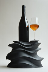 Simple icon of a wine glass and bottle with flowing lines, symbolizing the skillful, artistic side of a sommelier,