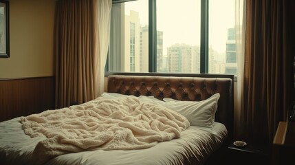 Unmade Bed in Modern Hotel Room with City View