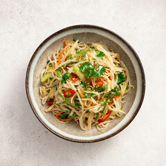 Salad with sprouts, celery and greens, top view